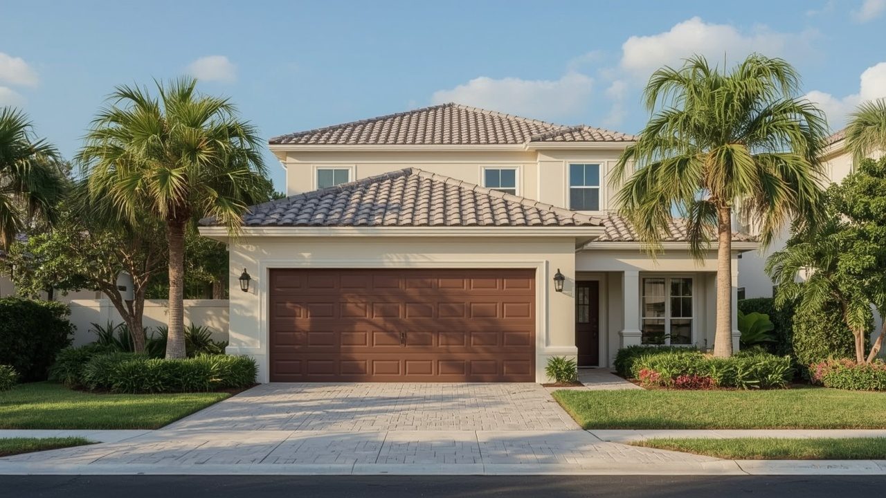 Modern garage door on a Mediterranean home in Coconut Creek, FL