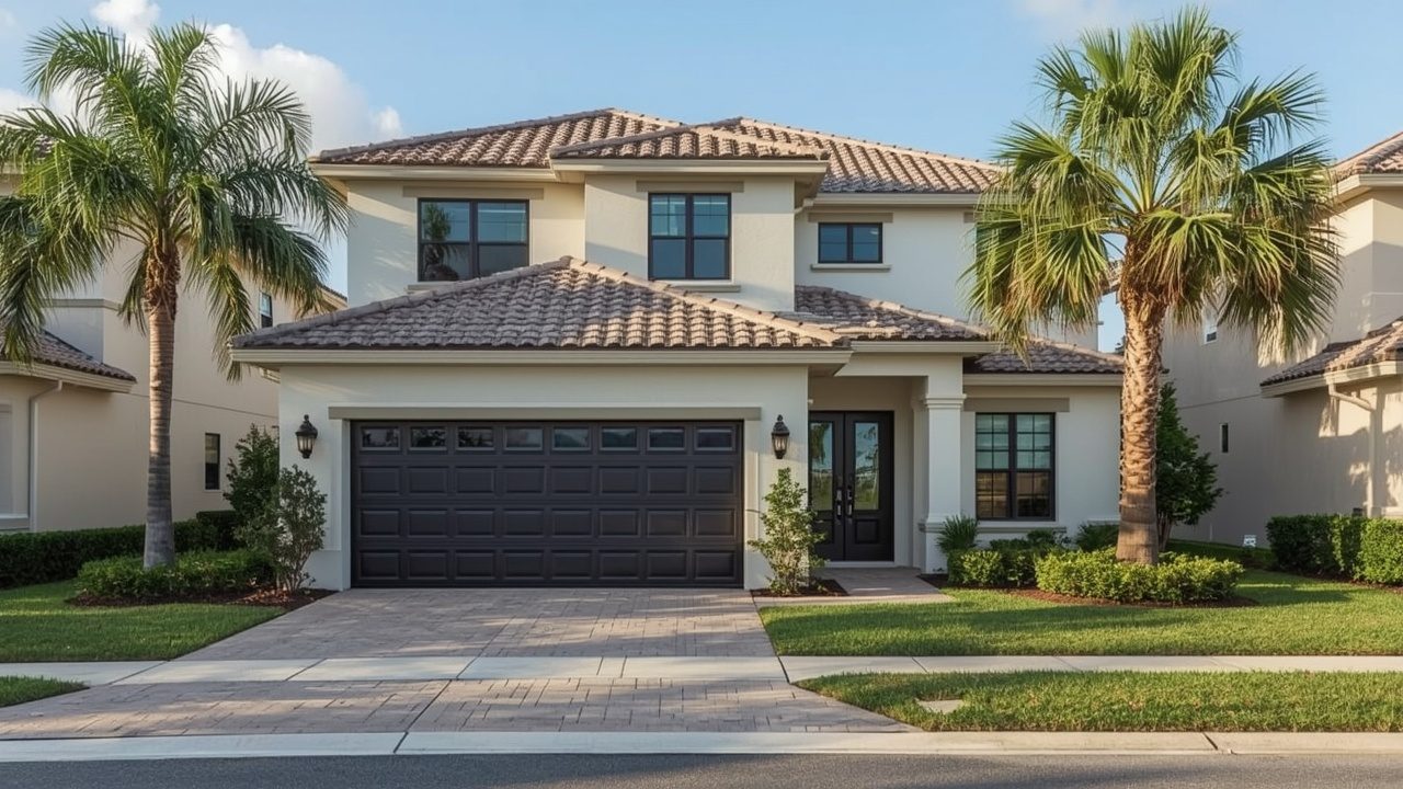 Modern garage door on a Mediterranean home in Coral Springs, FL