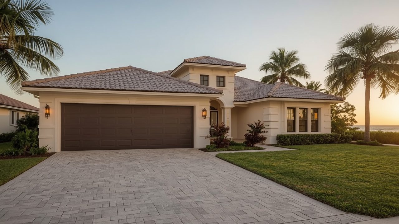 Hurricane-rated garage door on a coastal home in Deerfield Beach, FL