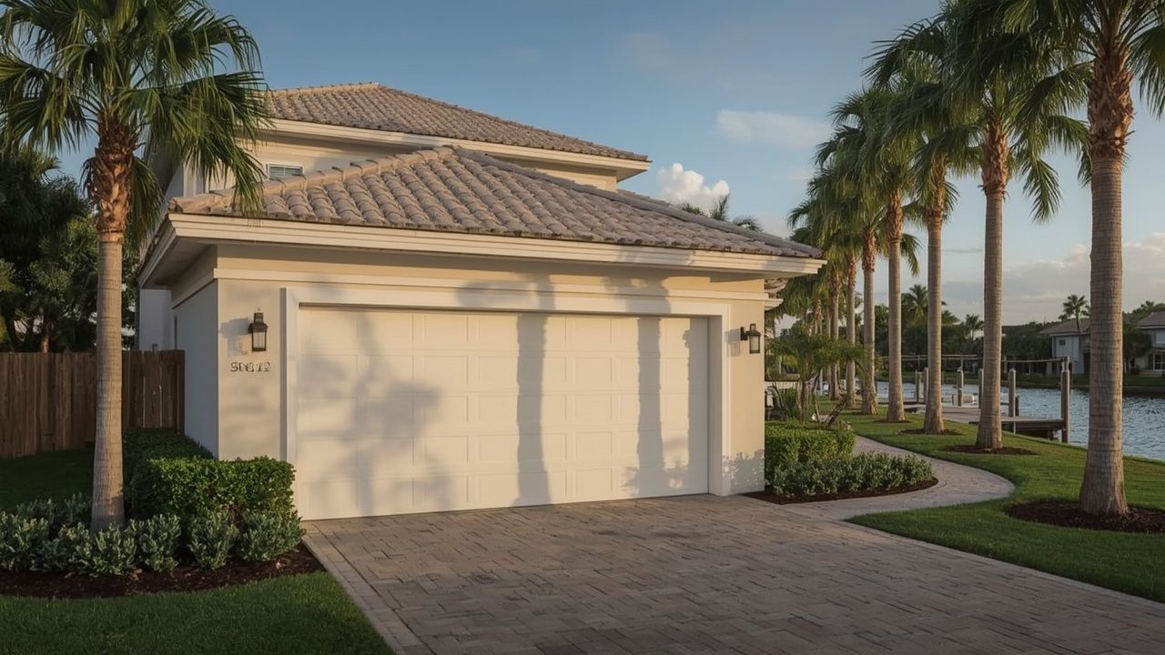 Hurricane-rated garage door on a Mediterranean-style home in Fort Lauderdale, FL