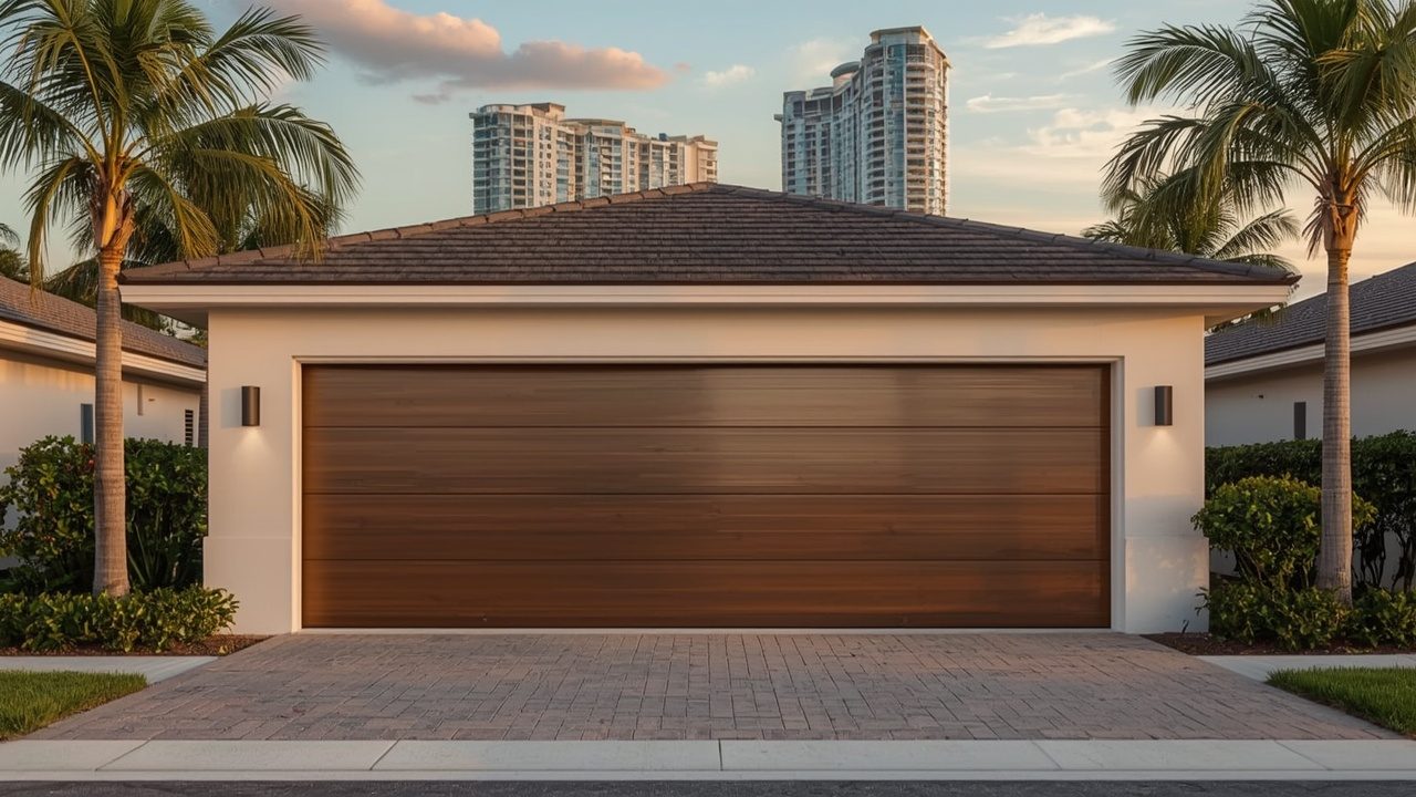 Hurricane-rated garage door on a coastal home in Hallandale Beach, FL
