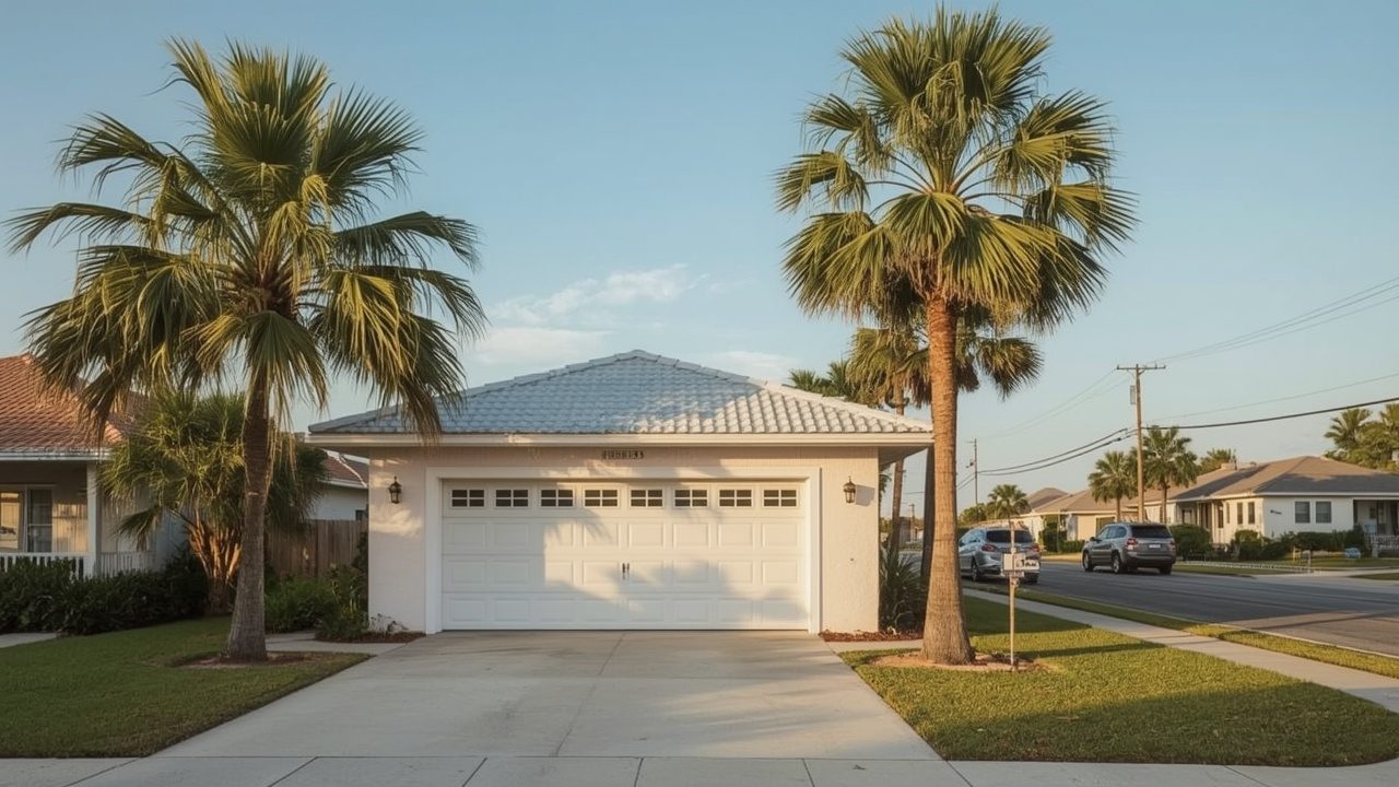 Garage door on a pastel beach cottage in Lauderdale-by-the-Sea, FL