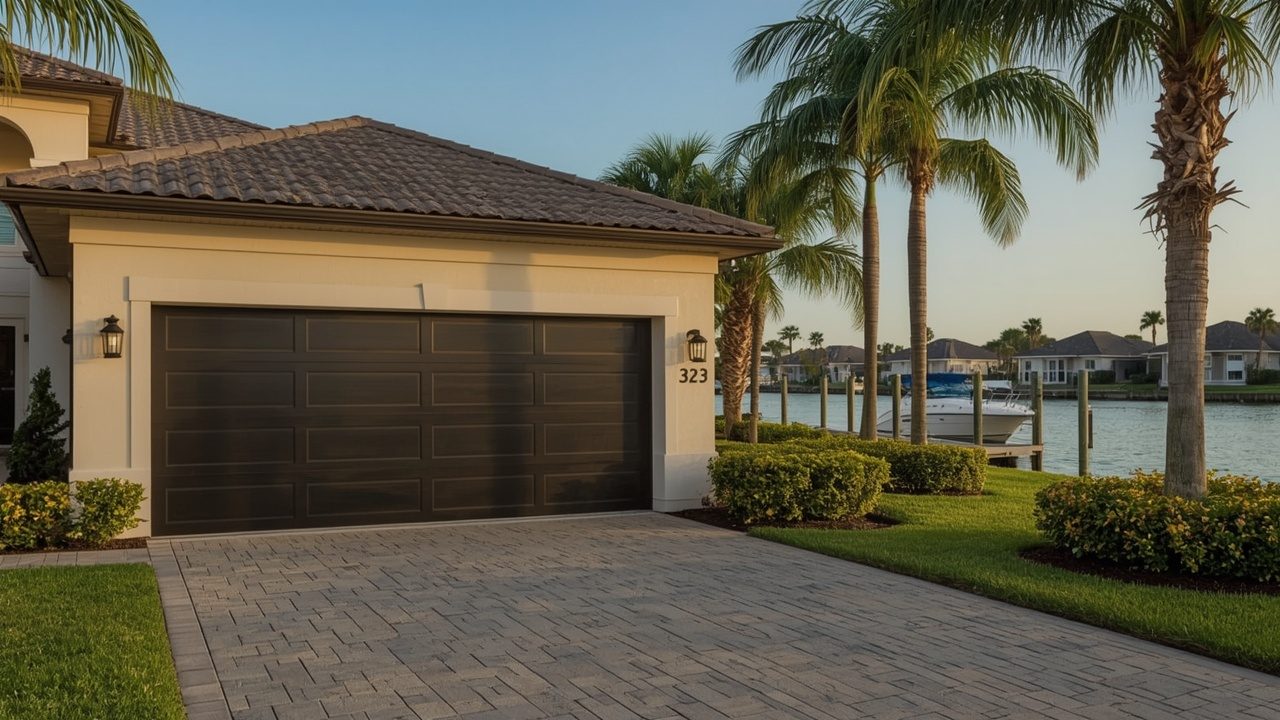 Hurricane-rated garage door on a canal-front home in Lighthouse Point, FL