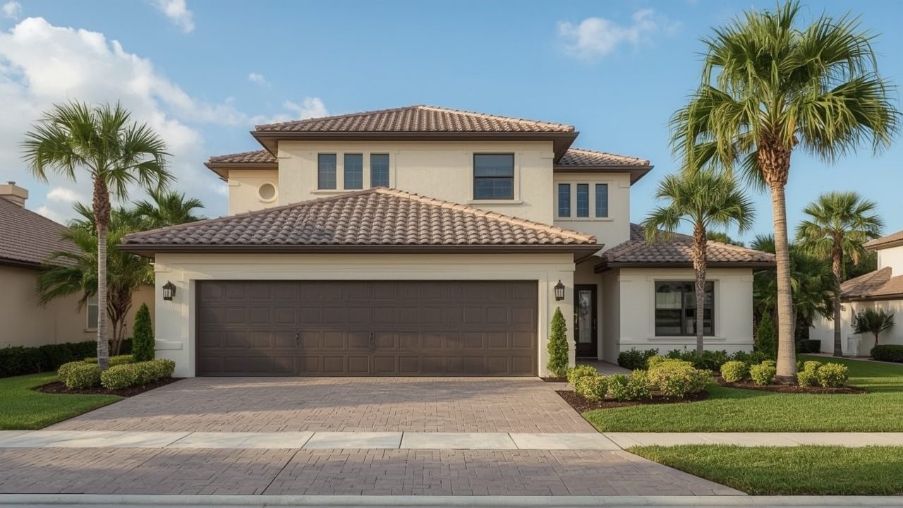 Modern garage door on a stucco home in Miramar, FL