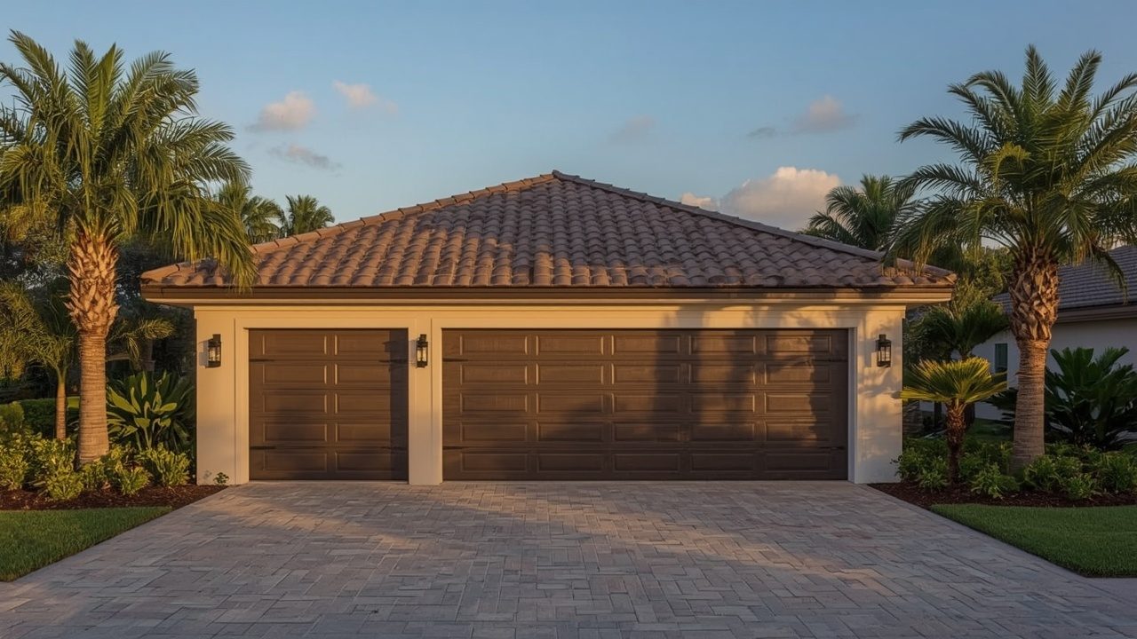 Hurricane-rated garage door on a luxury home in Sea Ranch Lakes, FL