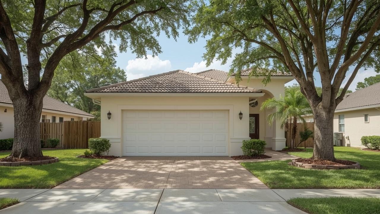 Recently installed garage door on a ranch home in Sunrise, FL