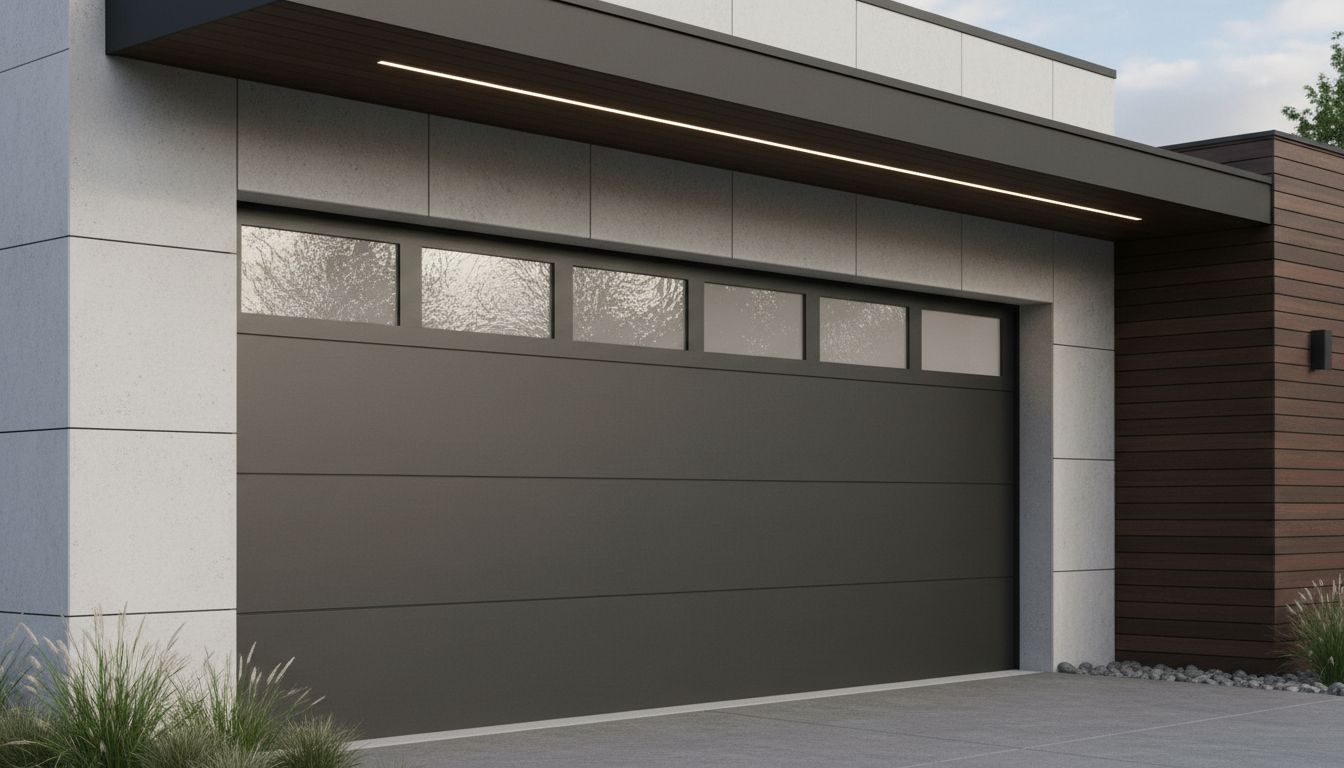 Modern garage door with a row of frosted privacy glass windows near the top