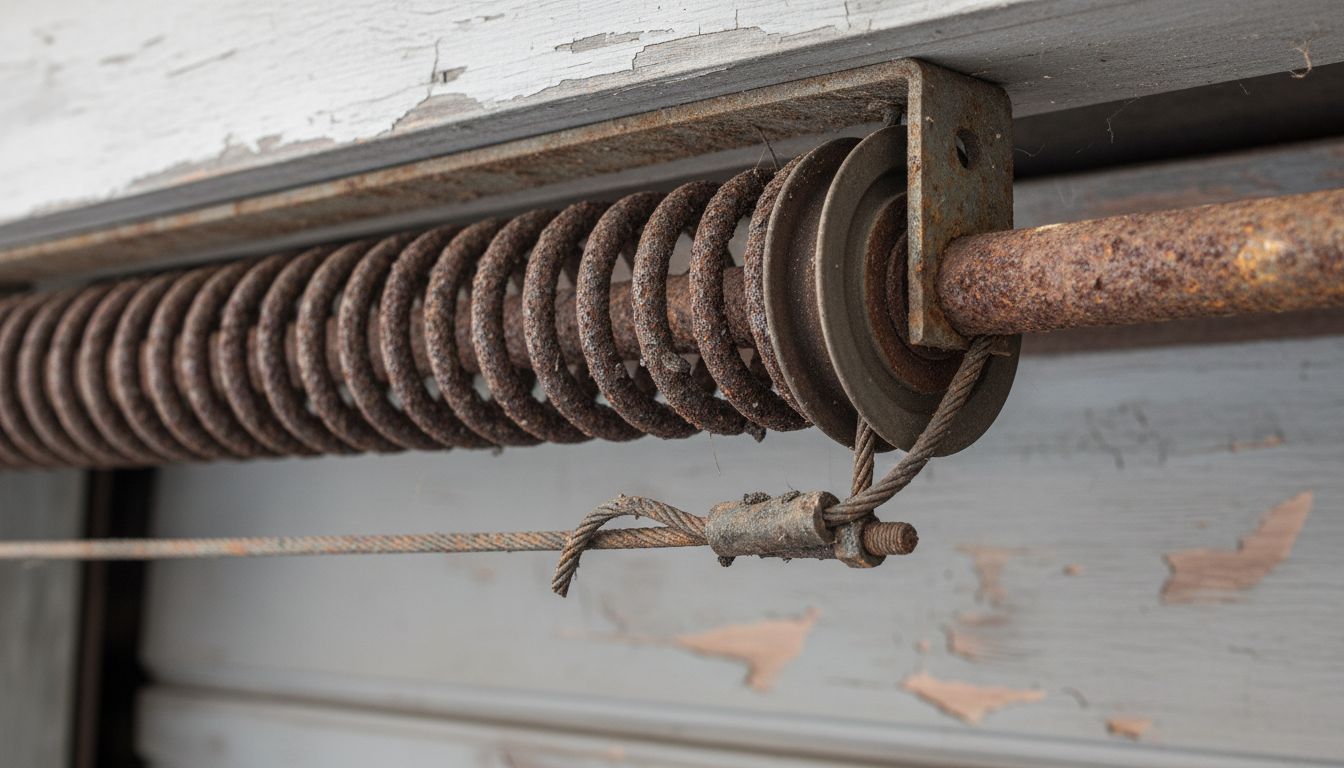 Worn, rusted garage door torsion spring and cable assembly showing corrosion