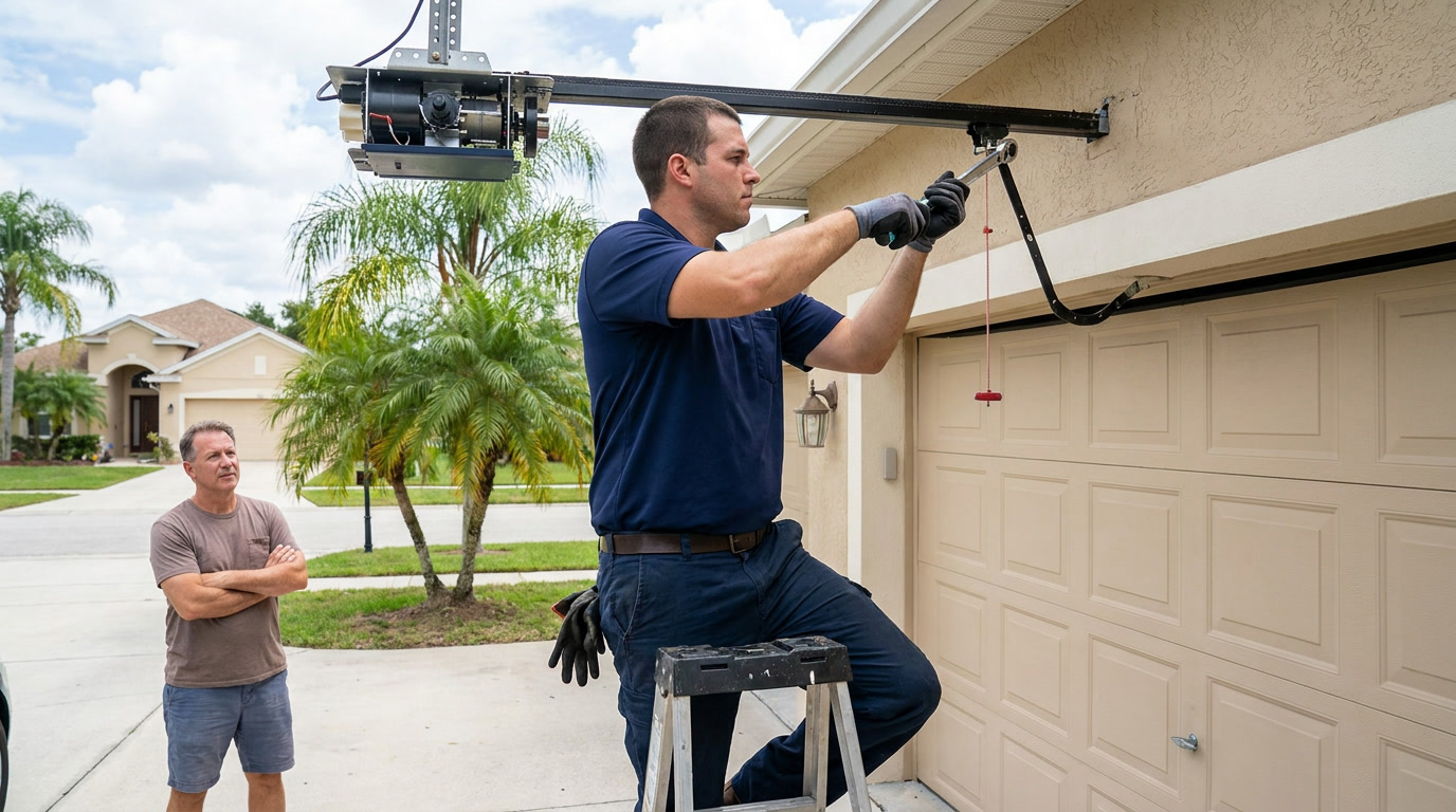 A garage door repair technician torque-wrenching an overhead track bolt while a homeowner looks on in a South Florida driveway