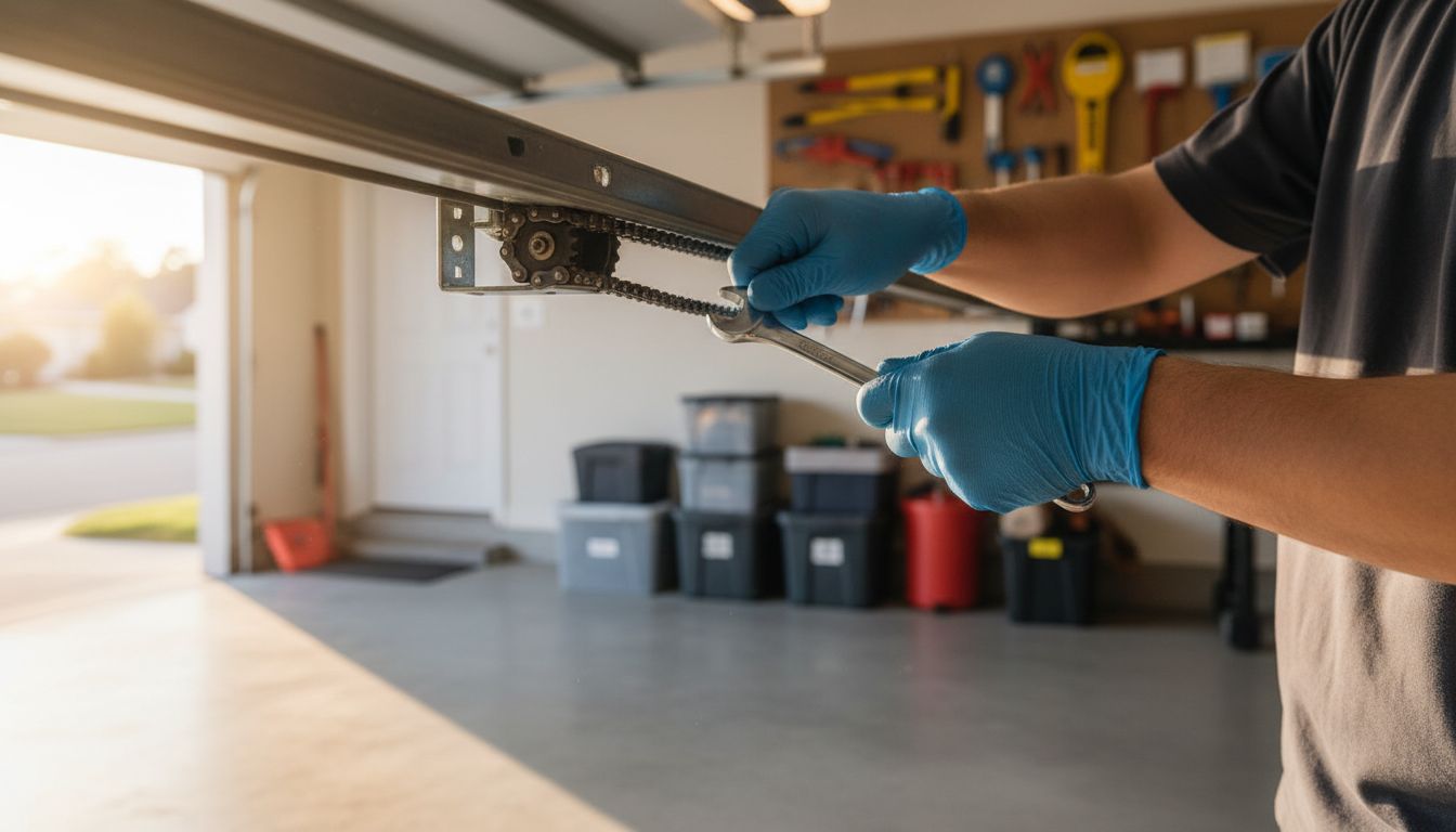 Technician tightening a garage door chain-drive opener with a wrench