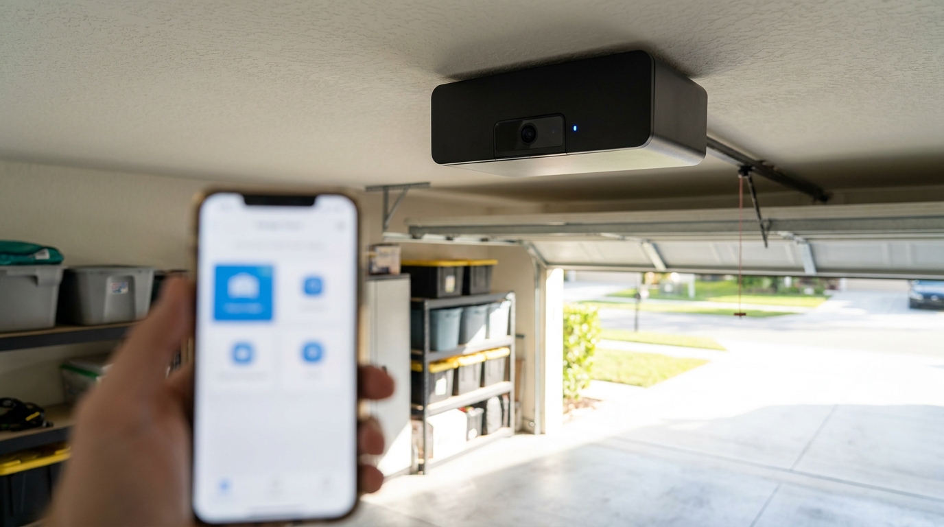 A modern smart garage door opener with built-in camera mounted on a garage ceiling, smartphone in the foreground