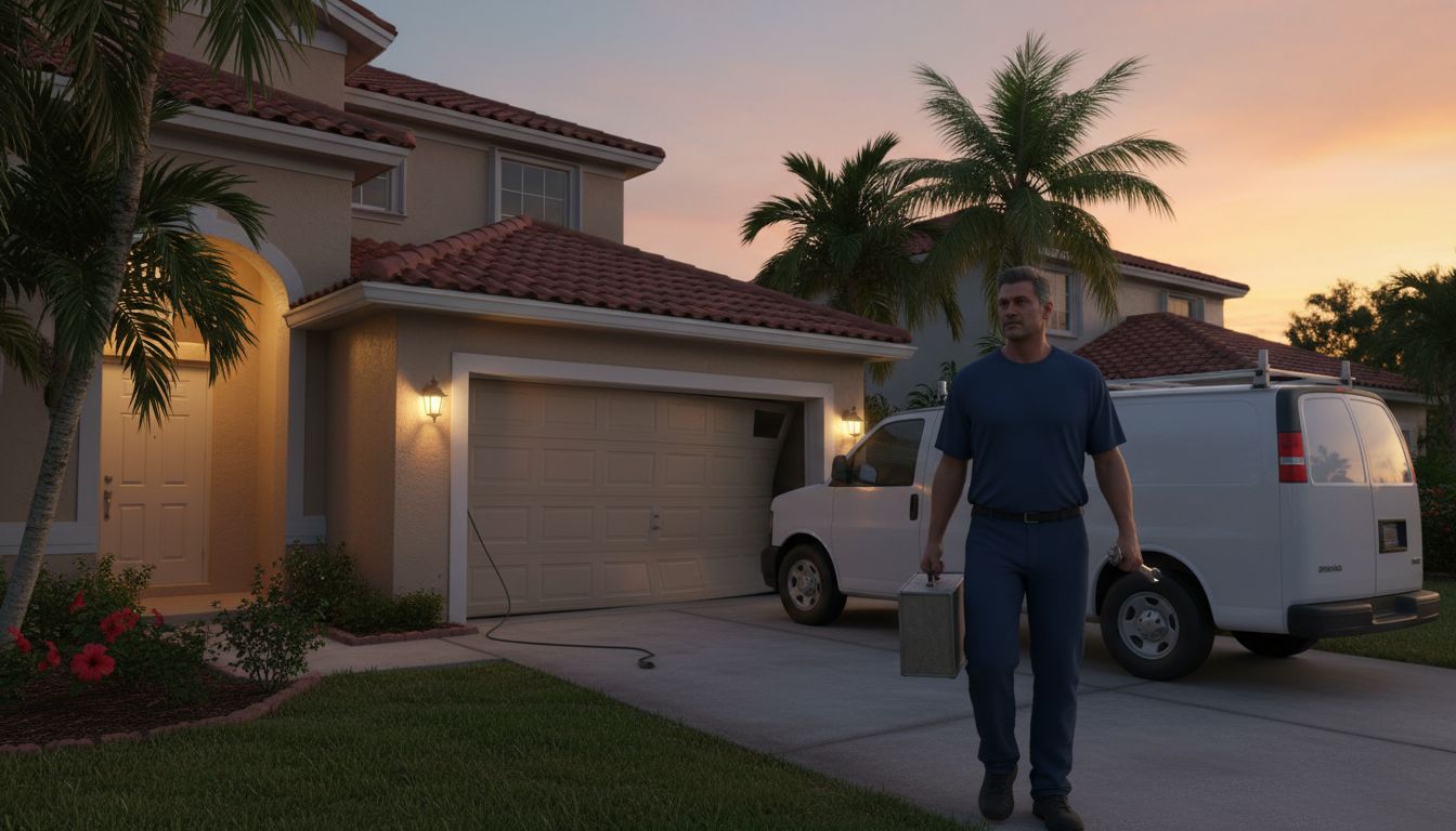 Garage door repair technician arriving at dusk with a toolbox for an emergency service call