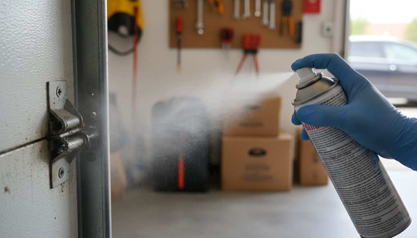 Technician applying lubricant spray to a squeaky garage door hinge and roller