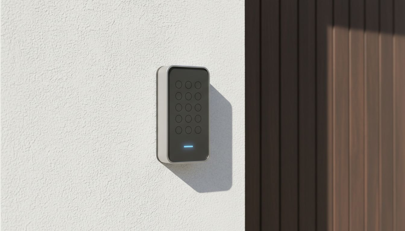 Modern wireless keypad entry unit mounted beside a residential garage door