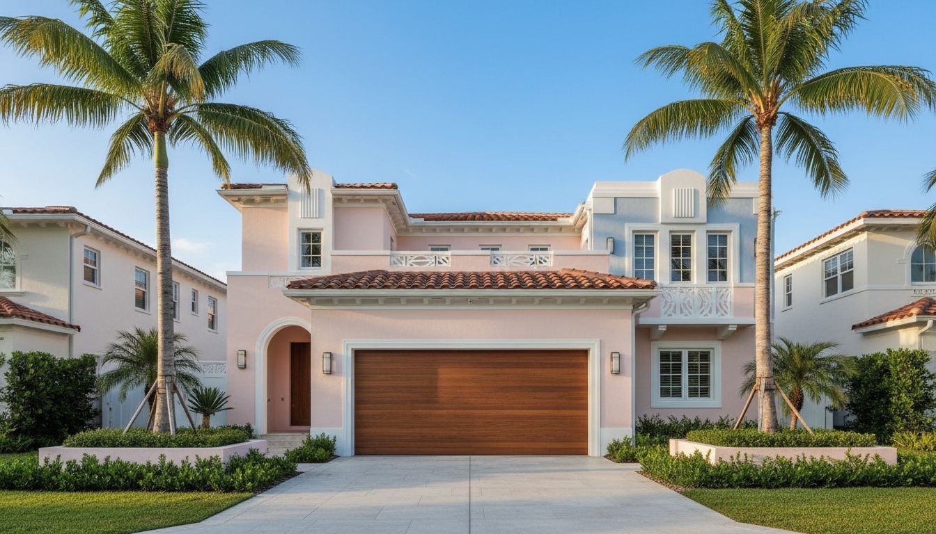 Pastel Mediterranean-style Miami home with a wood-grain garage door and palm trees