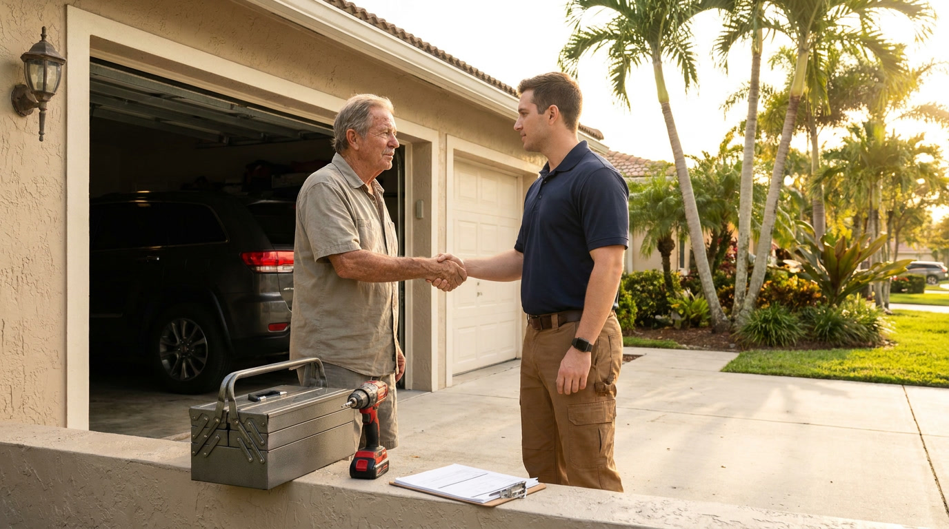 A homeowner shaking hands with a garage door repair technician in a South Florida driveway