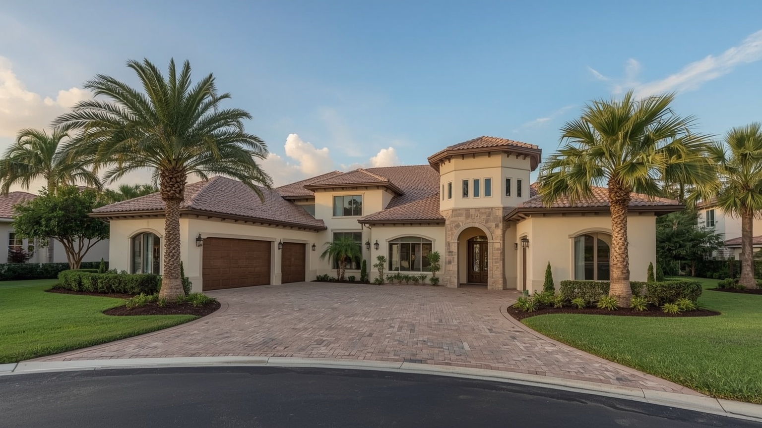 Country-club home in Palm Beach Gardens FL with three-bay garage doors