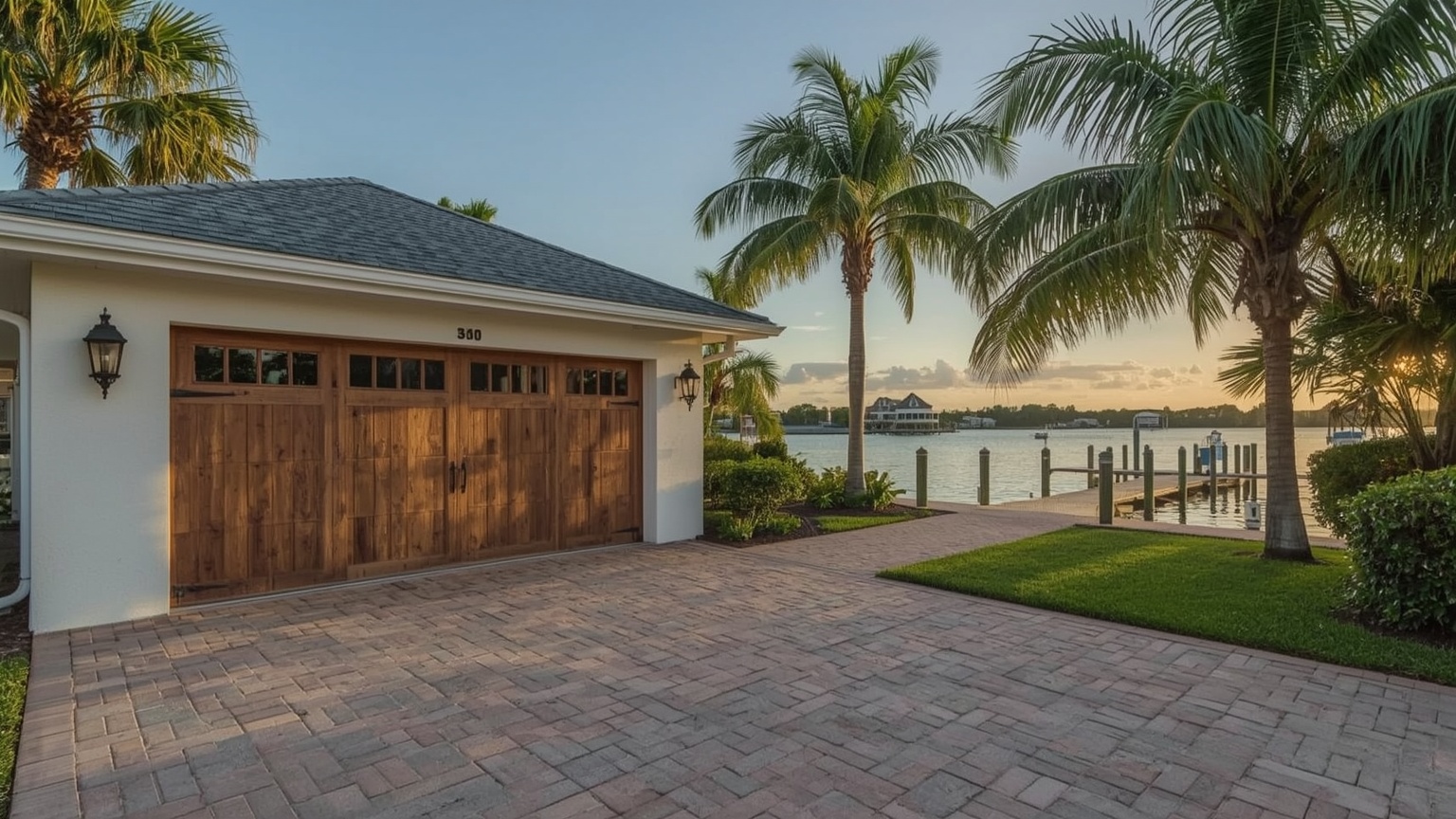 Wood-grain garage door on a Stuart FL Treasure Coast home