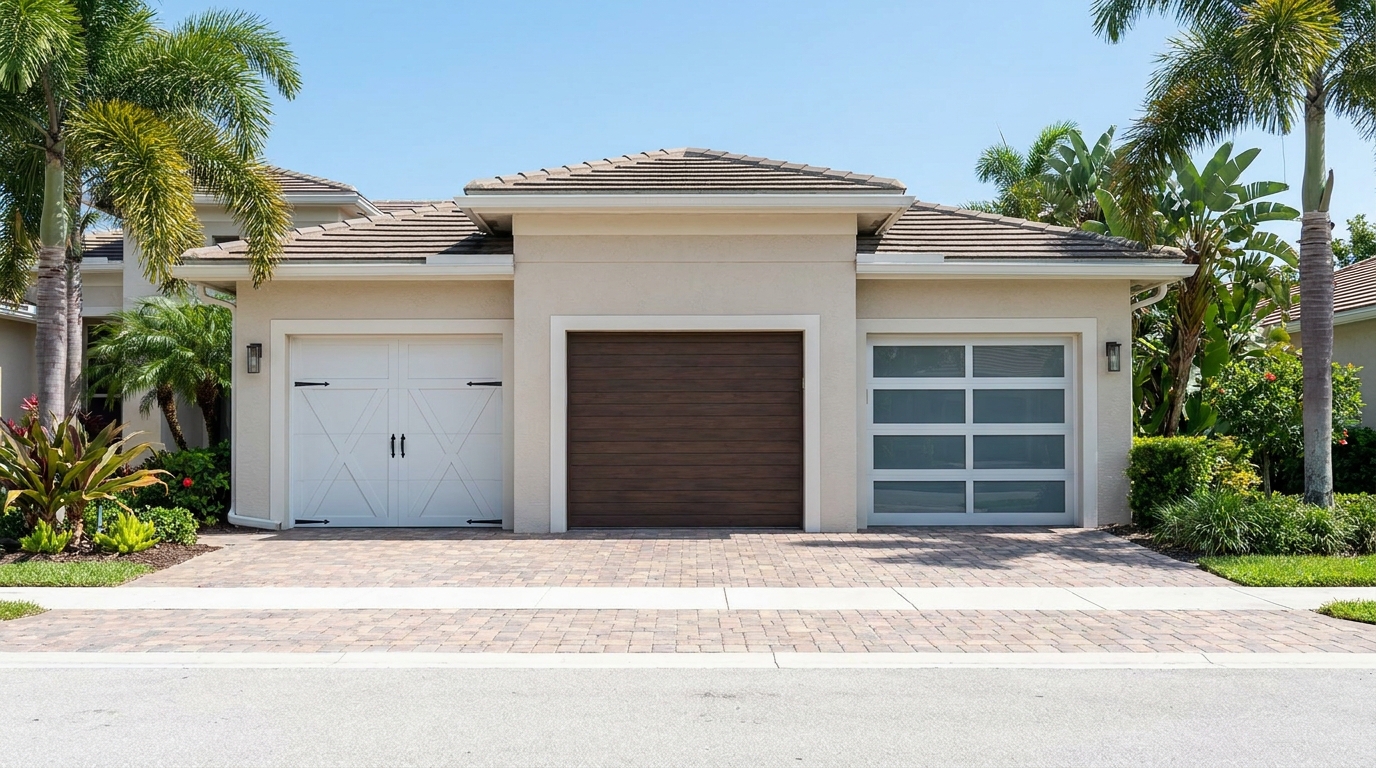 Three different residential garage door styles side by side on a South Florida home - carriage-house steel, wood-look composite, and modern glass-panel aluminum