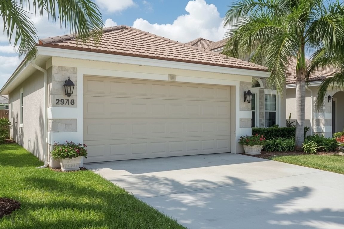 Hurricane-rated impact garage door on a Florida home during a storm