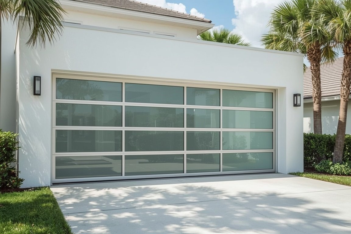 Modern aluminum and frosted glass full-view garage door
