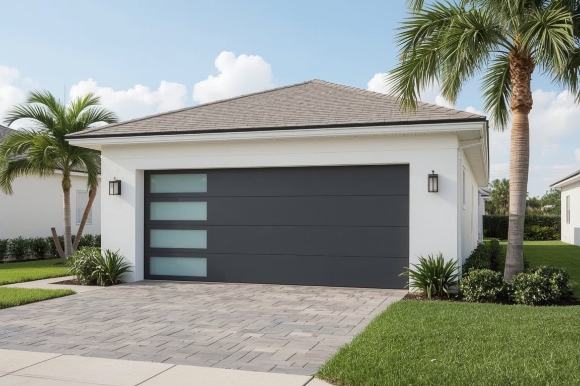 Modern flat-panel matte black garage door